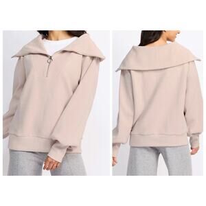 Varley Vine Half Zip Ottoman Ribbed  Oversized Sweatshirt Beige Dusty Pink XS